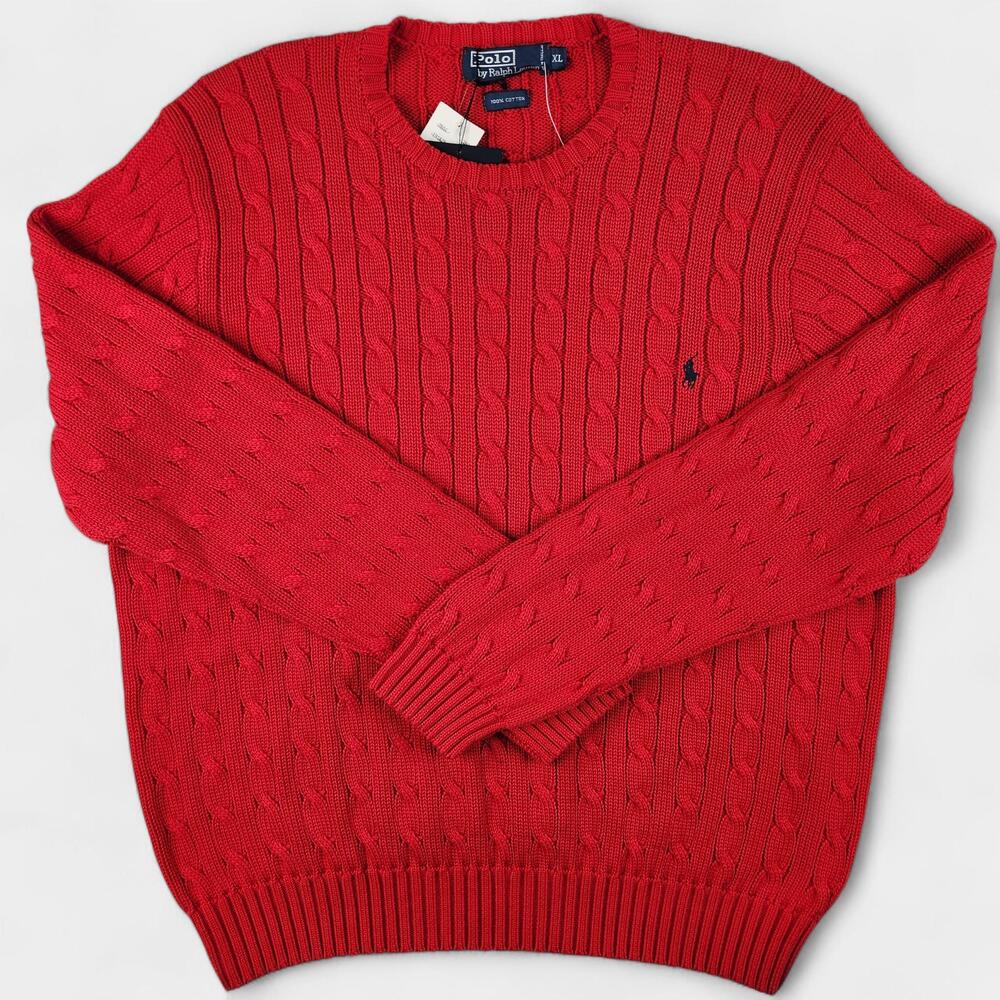 Polo Ralph Lauren Sweater Mens XL Red Cable Knit Cotton Crewneck Pullover Pony